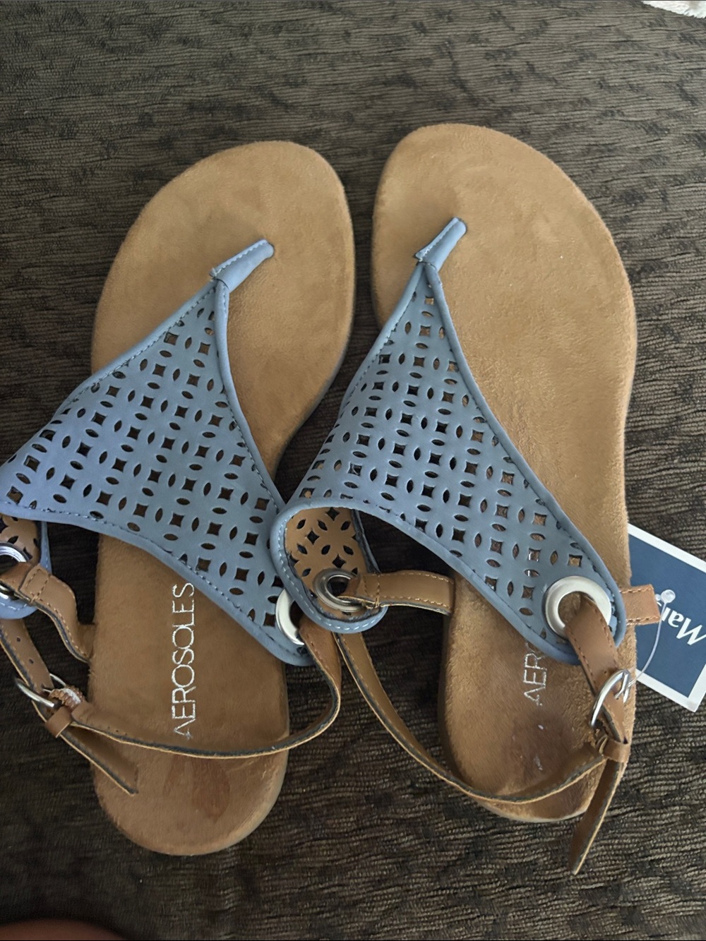 AEROSOLES Light Blue Laser-Cut Thong Sandals with Tan Footbed